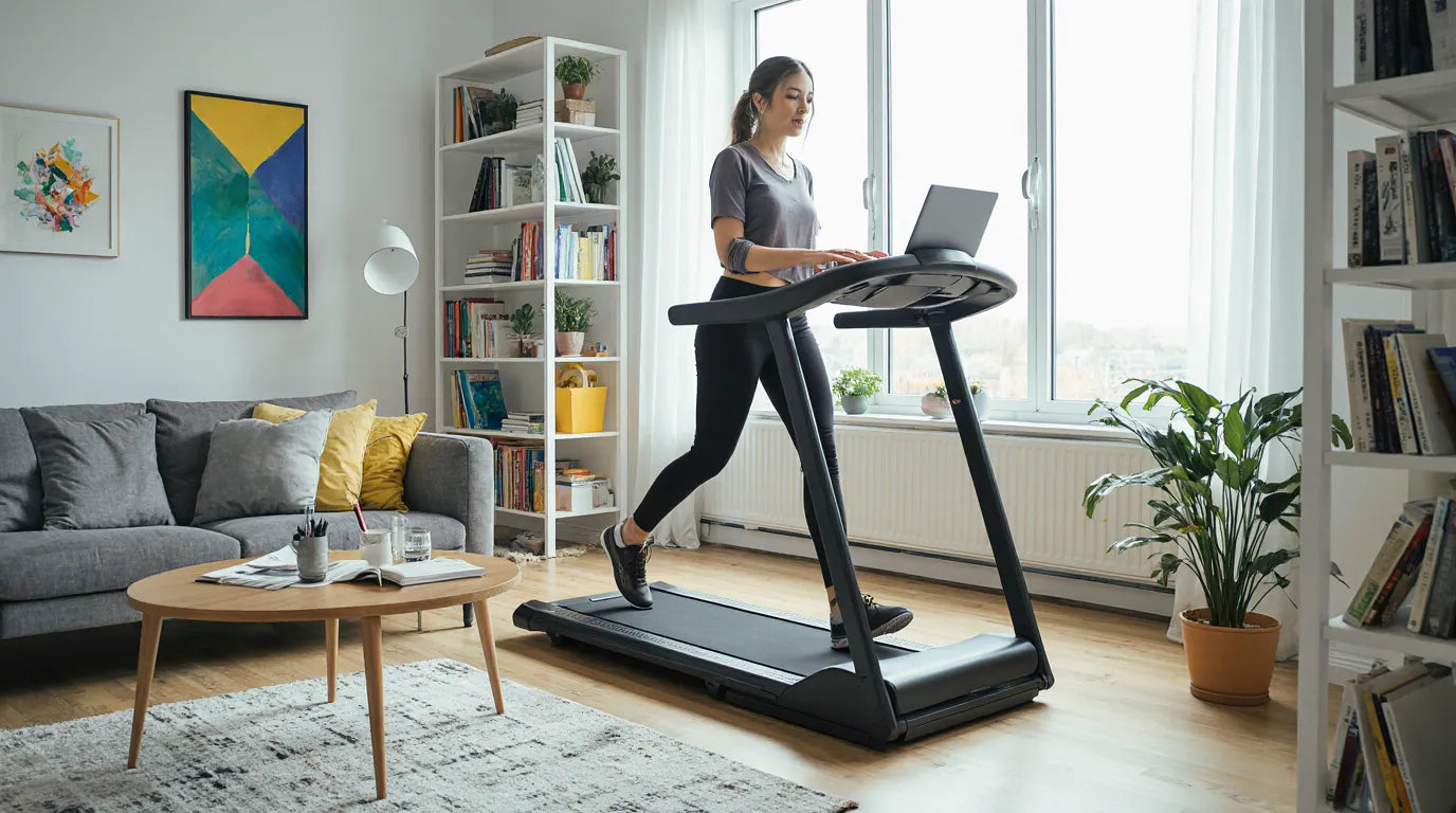 Personne marchant lentement sur un tapis de marche sous un bureau dans un intérieur coloré et lumineux.