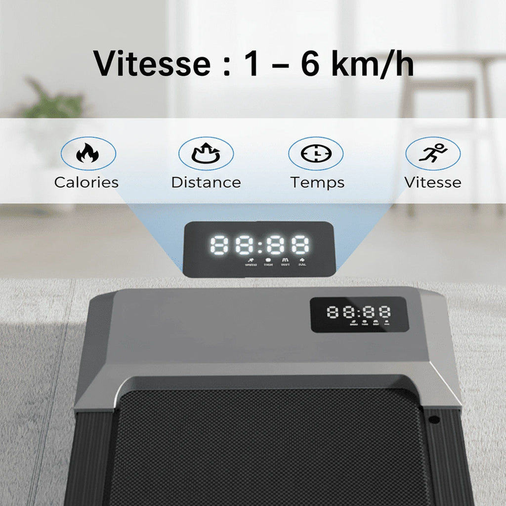 Écran d’affichage du tapis de marche WALKEN Core avec données vitesse et distance