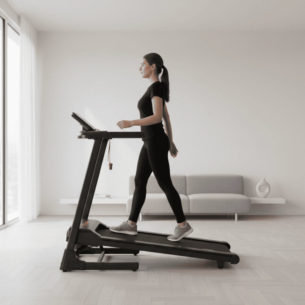 Tapis de marche WALKEN Incline Elite installé dans un salon moderne, vue d’ensemble