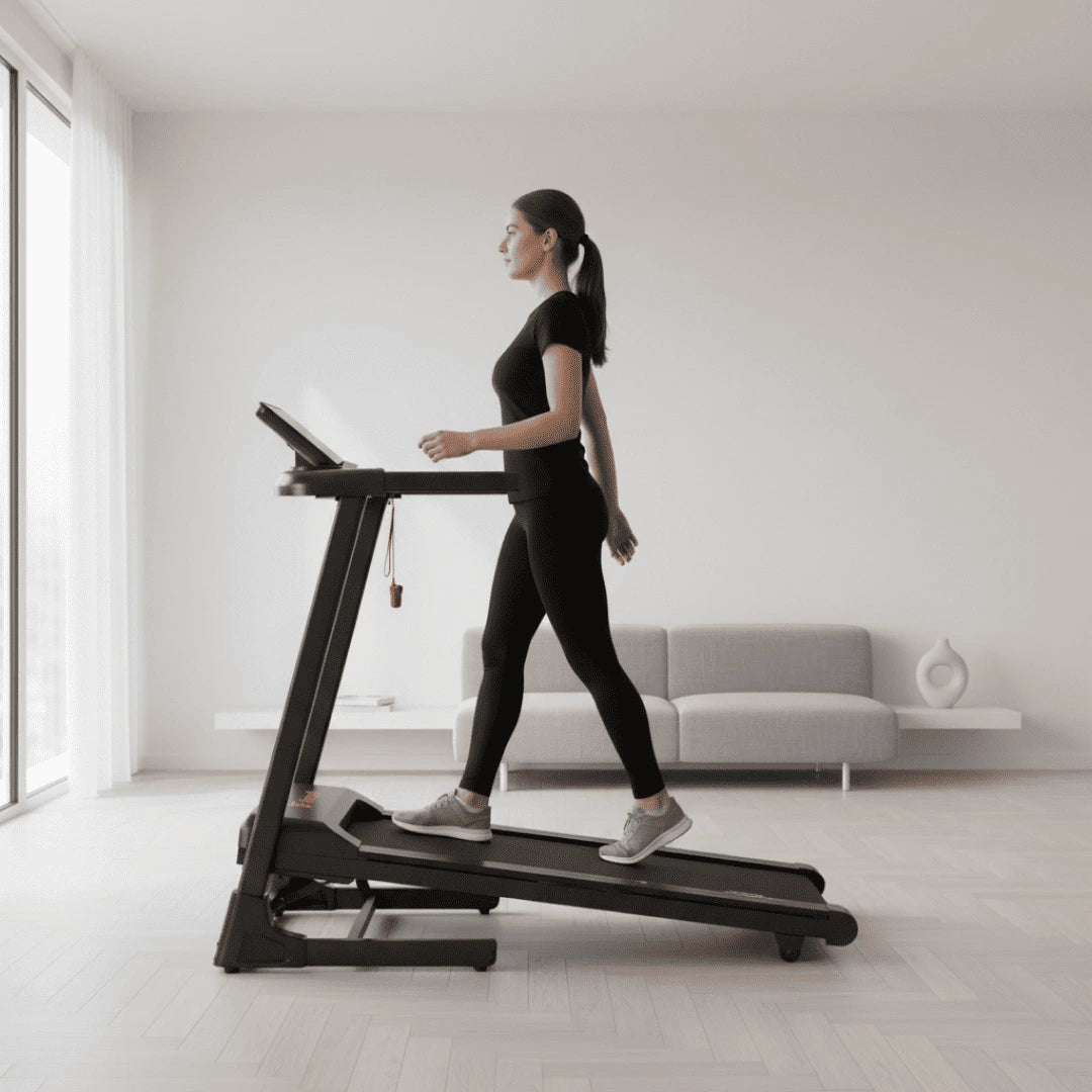 Tapis de marche WALKEN Incline Elite installé dans un salon moderne, vue d’ensemble